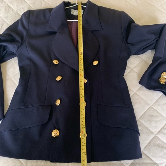 Navy blue pure virgin wool long blazer double breasted collar gold metal buttons - Picture 12 of 15